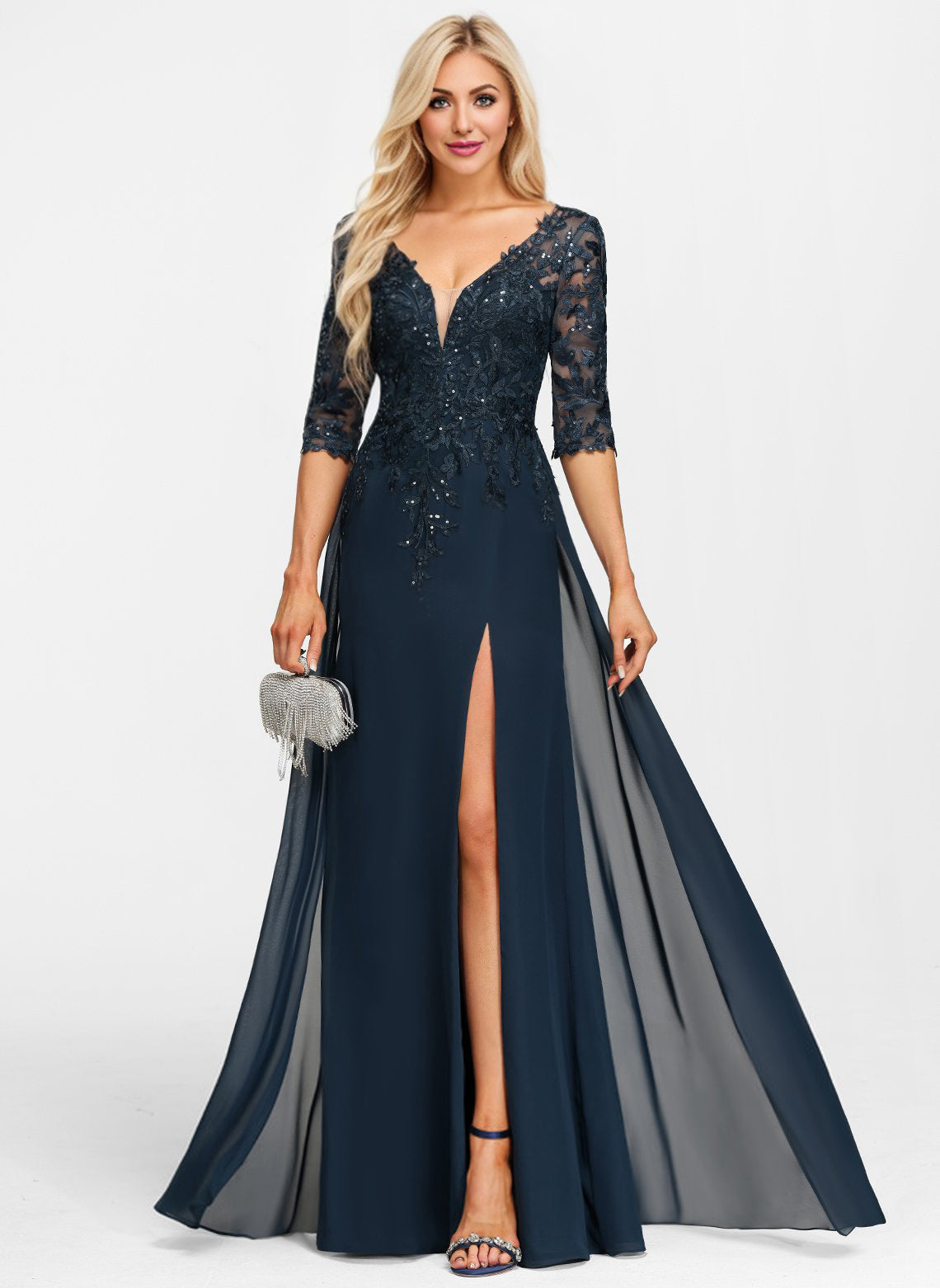 Sheath/Column V-Neck Floor-Length Lace Chiffon Mother of the Bride Dress With Sequins