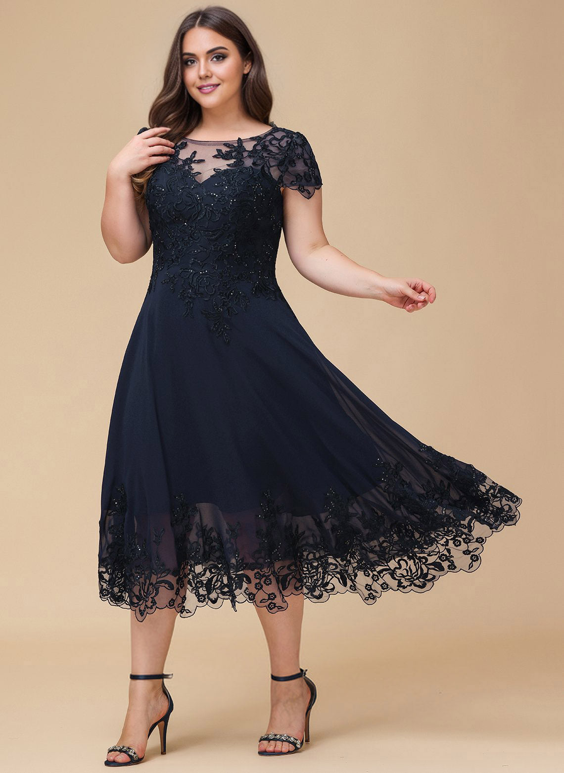 Plus Size A-line Scoop Illusion Tea-Length Lace Chiffon Mother of the Bride Dress With Sequins