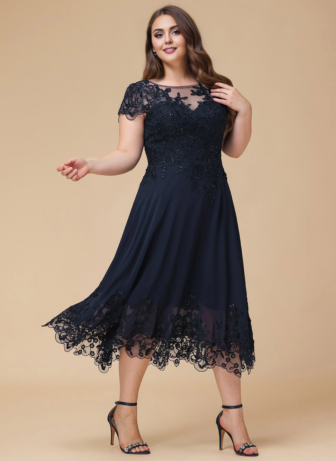 Plus Size A-line Scoop Illusion Tea-Length Lace Chiffon Mother of the Bride Dress With Sequins