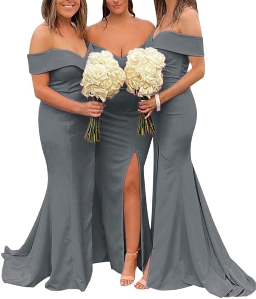 Sheath/Column Off-the-Shoulder Sleeveless Court Train Stretch Satin Bridesmaid Dresses With Split