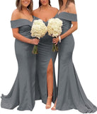 Sheath/Column Off-the-Shoulder Sleeveless Court Train Stretch Satin Bridesmaid Dresses With Split