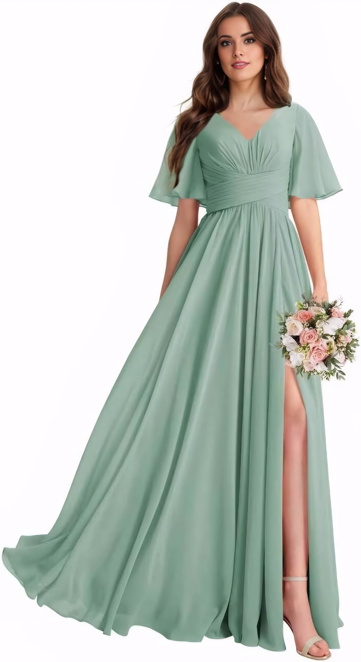 A-Line Chiffon V-Neck Ruffle Sleeves Floor-Length Bridesmaid Dresses with Slit