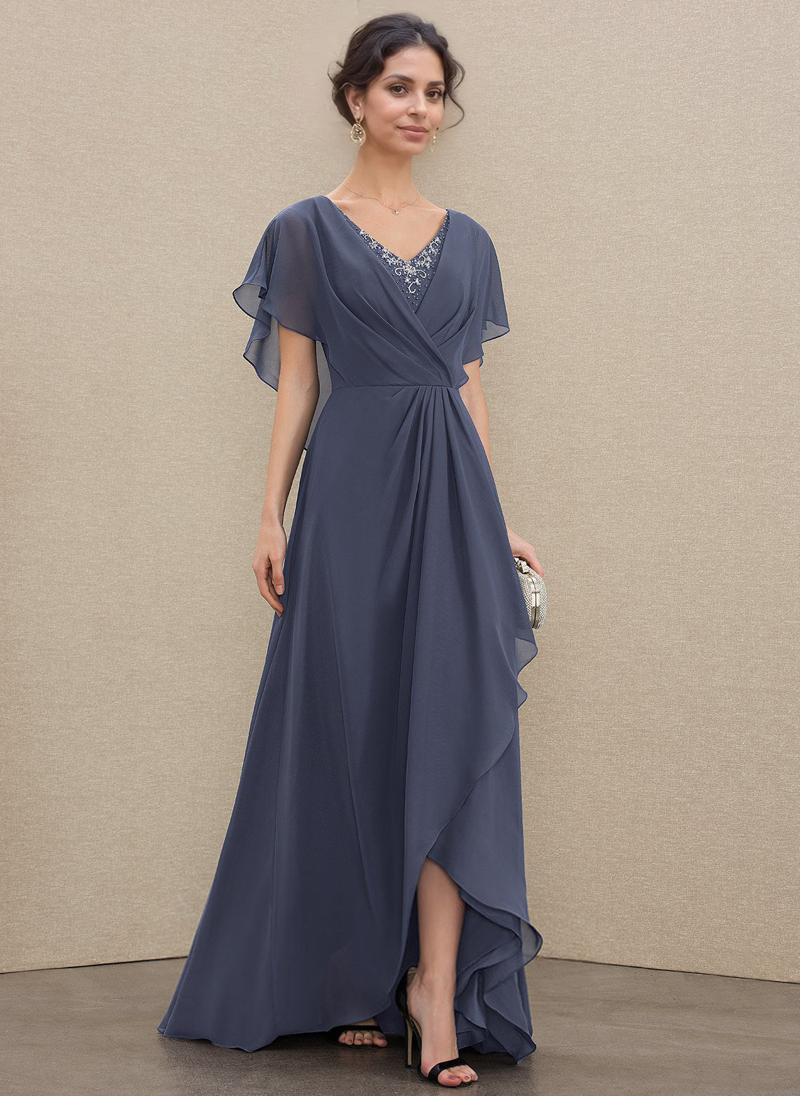 A-line V-Neck Asymmetrical Chiffon Mother of the Bride Dress With Sequins Ruffles