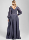 A-line V-Neck Floor-Length Chiffon Mother of the Bride Dress With Sequins Appliques Lace Pleated