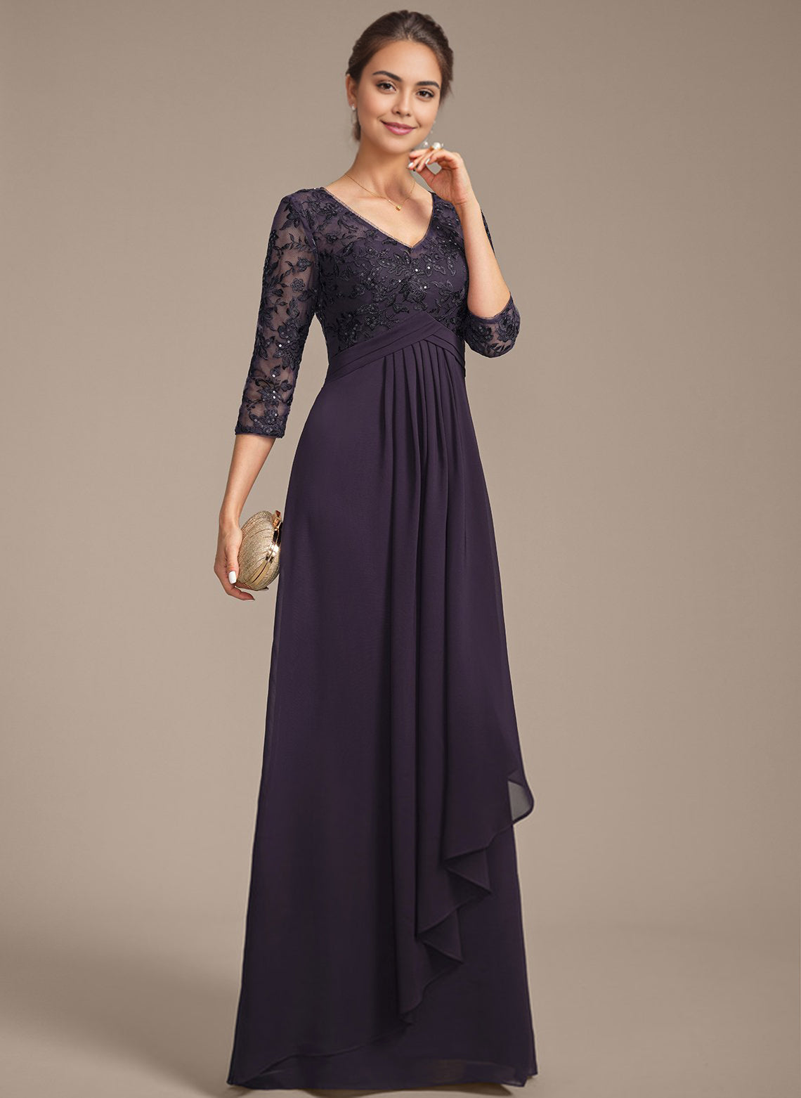 Empire V-Neck Floor-Length Lace Chiffon Mother of the Bride Dress With Cascading Ruffles Sequins