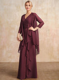 Sheath/Column V-Neck Floor-Length Chiffon Mother of the Bride Dress With Cascading Ruffles Beading
