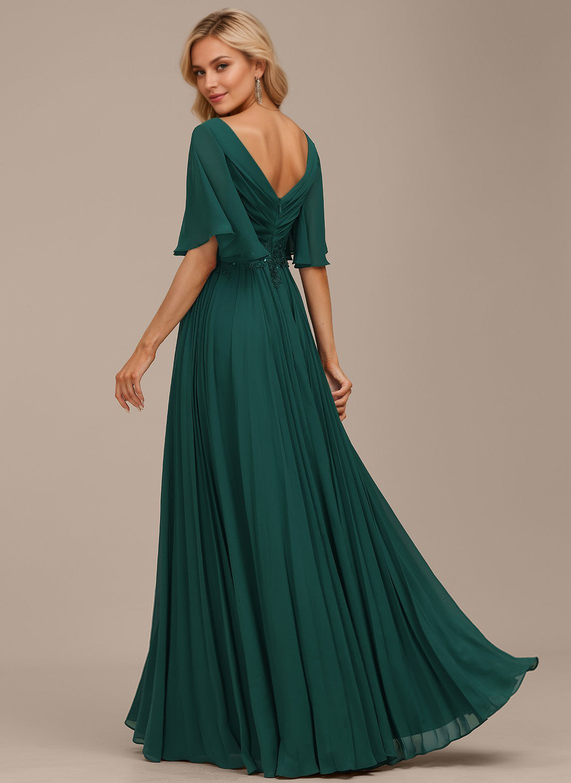 A-line V-Neck Floor-Length Chiffon Mother of the Bride Dress With Sequins Appliques Lace Pleated