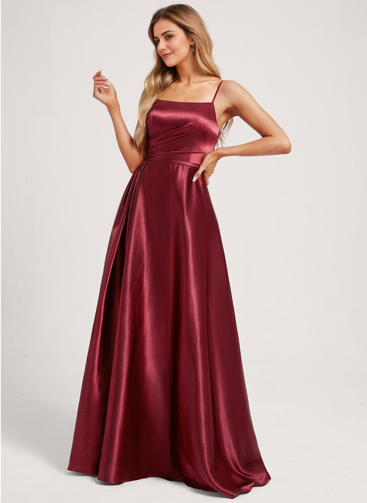A-line Square Floor-Length Stretch Satin Bridesmaid Dress