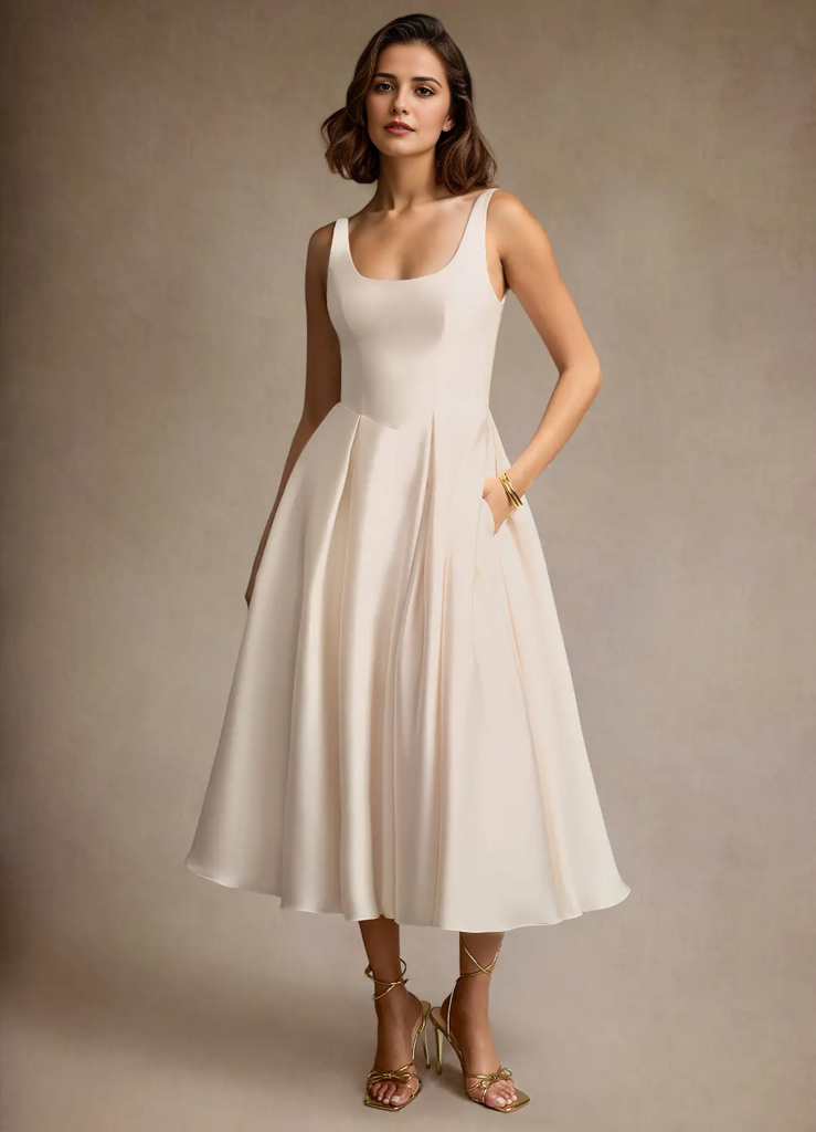 Stretch Satin Square Neck Pleated Midi Dress