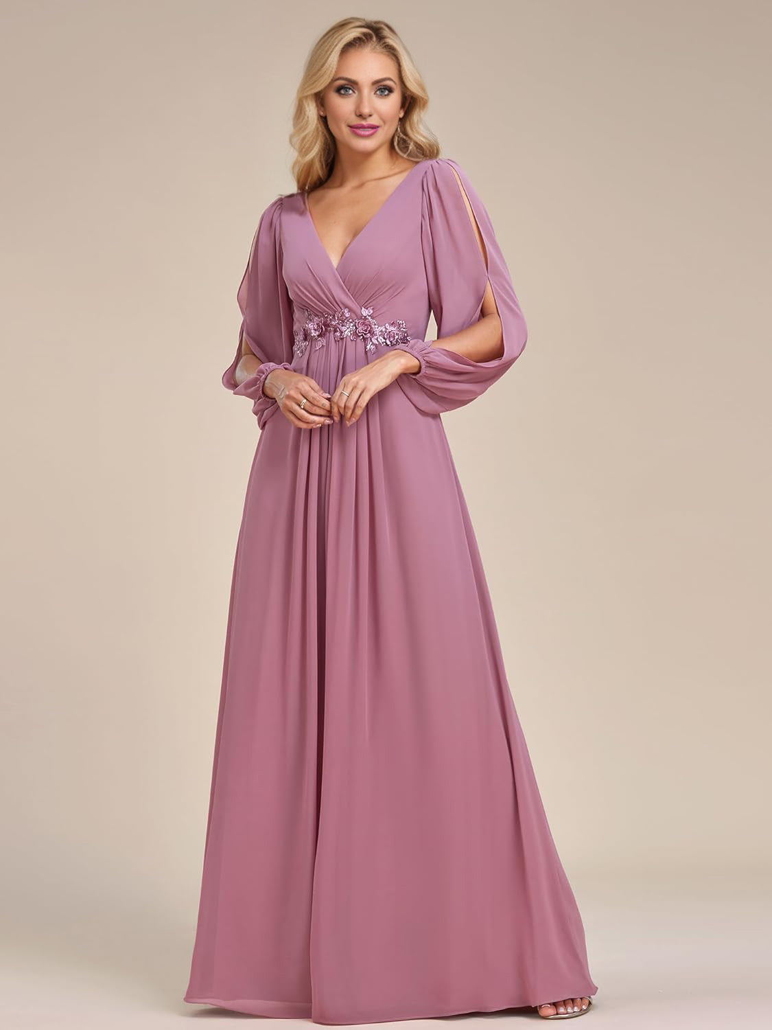 Women's V Neck Long Sleeves Floor Length Ruched Chiffon Formal Dress