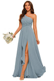 A-Line Chiffon One Shoulder Floor-Length Bridesmaid Dresses with Slit
