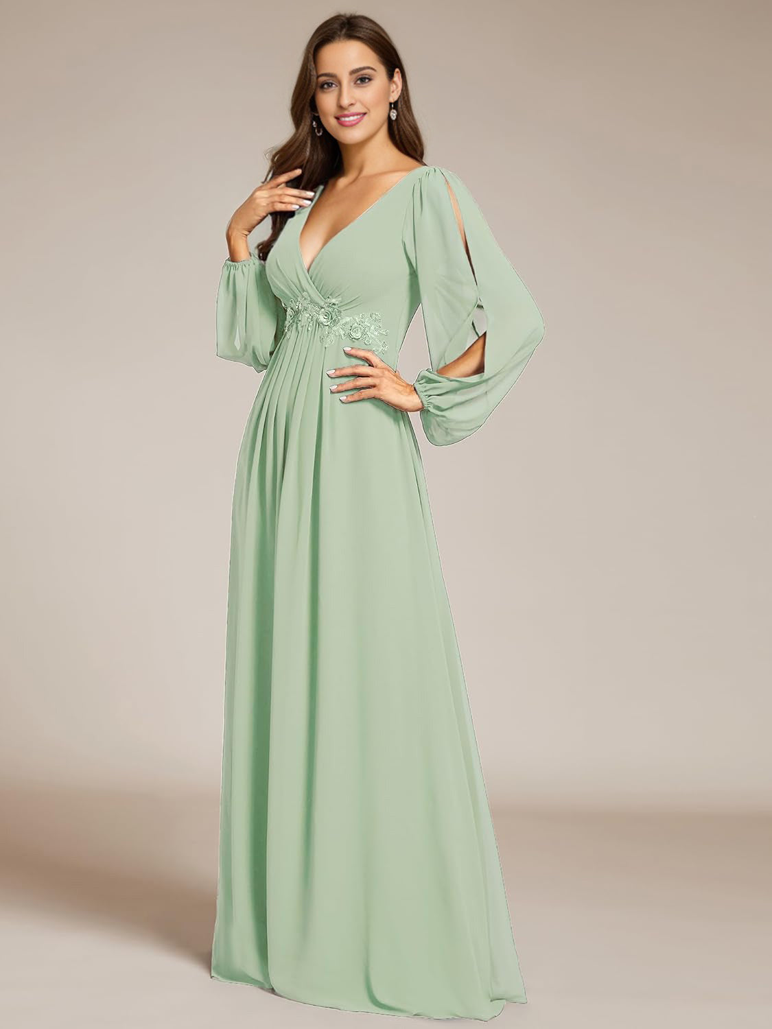 Women's V Neck Long Sleeves Floor Length Ruched Chiffon Formal Dress