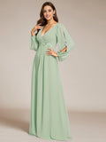 Women's V Neck Long Sleeves Floor Length Ruched Chiffon Formal Dress