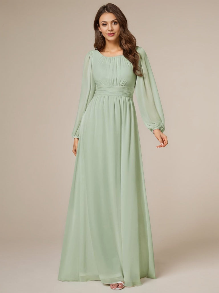 Women's Crewneck Long Lantern Sleeves Floor Length A-Line Pleated Chiffon Formal Dress