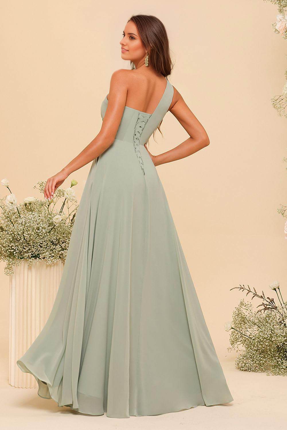 A-Line Chiffon One Shoulder Floor-Length Bridesmaid Dresses with Slit
