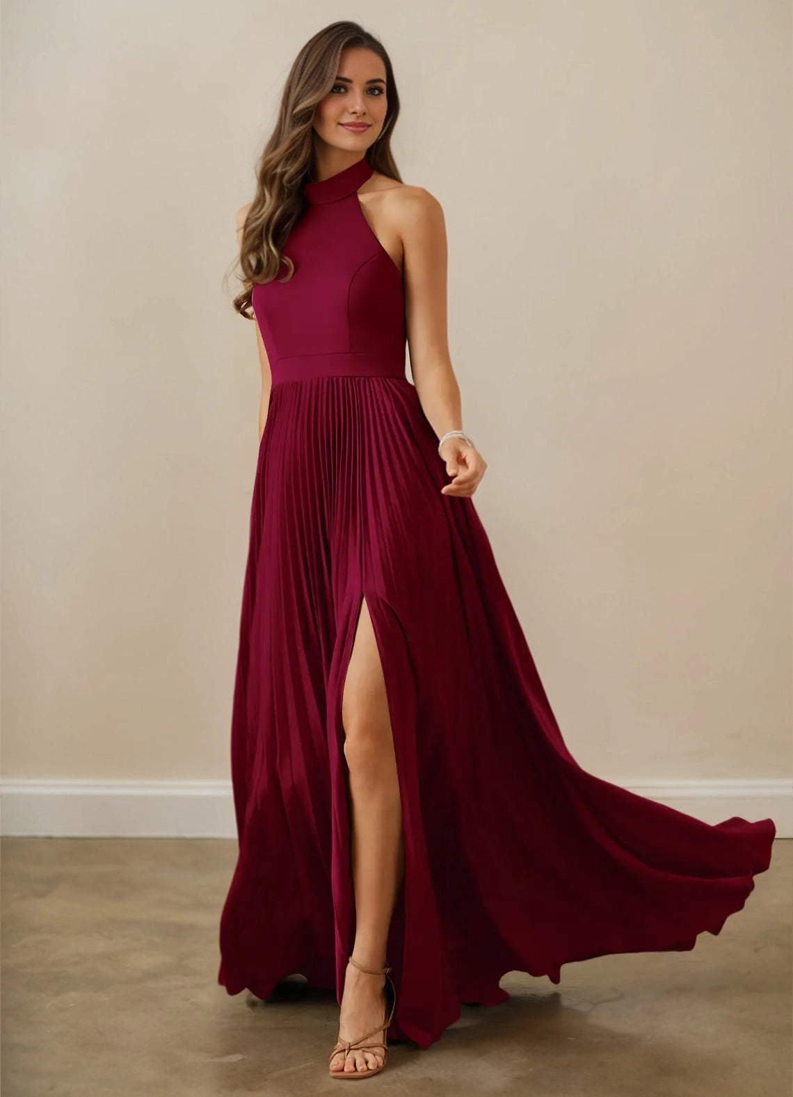 Pleated Halter Stretch Satin A-line Bridesmaid Dress