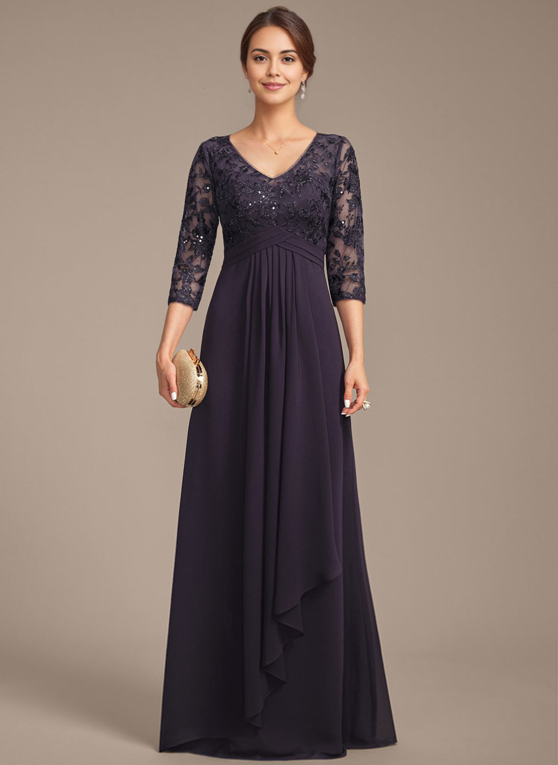 Empire V-Neck Floor-Length Lace Chiffon Mother of the Bride Dress With Cascading Ruffles Sequins