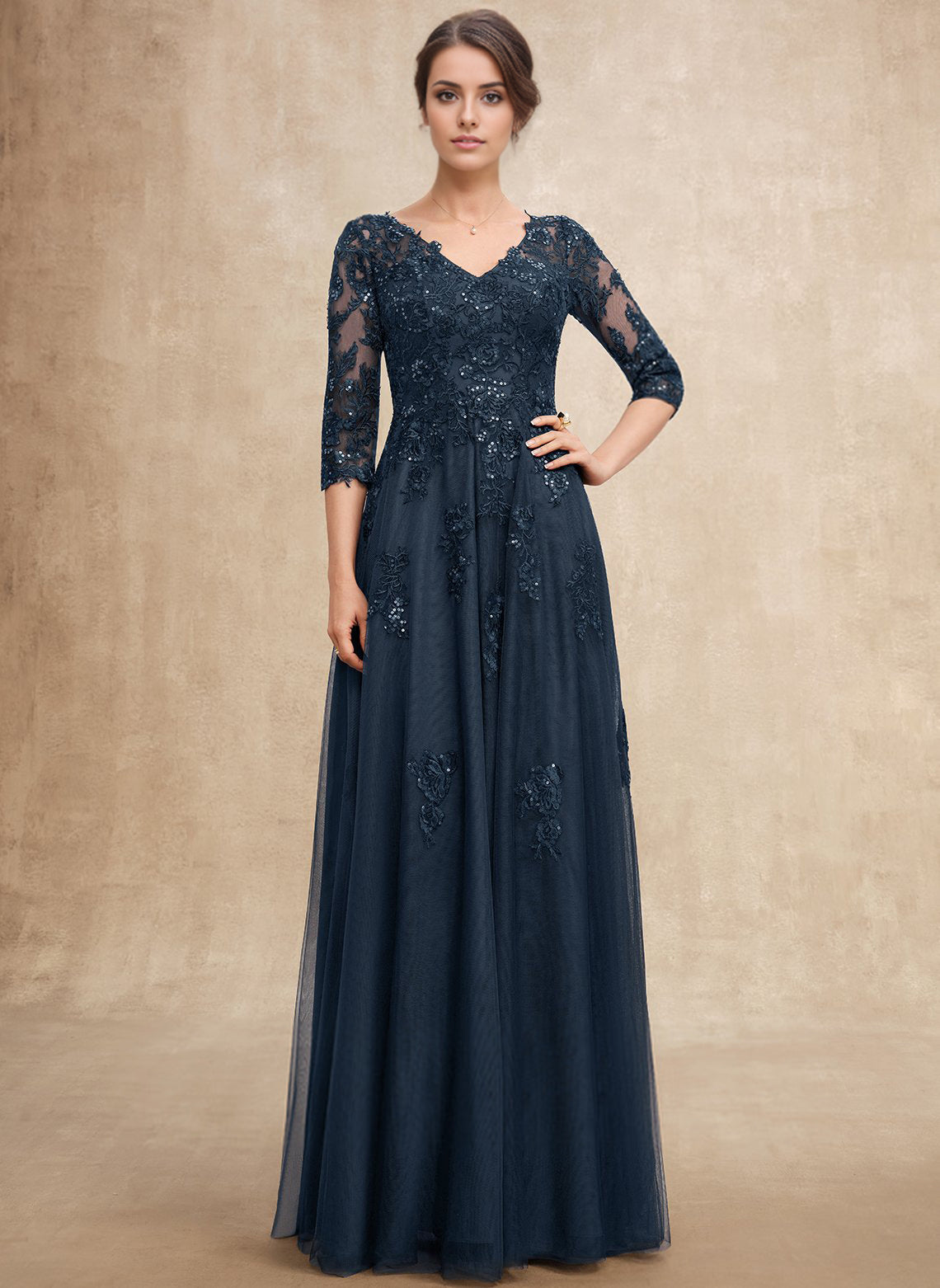 A-line V-Neck Floor-Length Tulle Lace Mother of the Bride Dress With Sequins