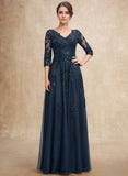 A-line V-Neck Floor-Length Tulle Lace Mother of the Bride Dress With Sequins