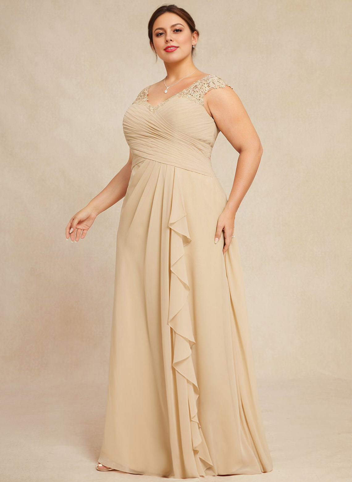 A-line V-Neck Floor-Length Lace Chiffon Mother of the Bride Dress With Cascading Ruffles