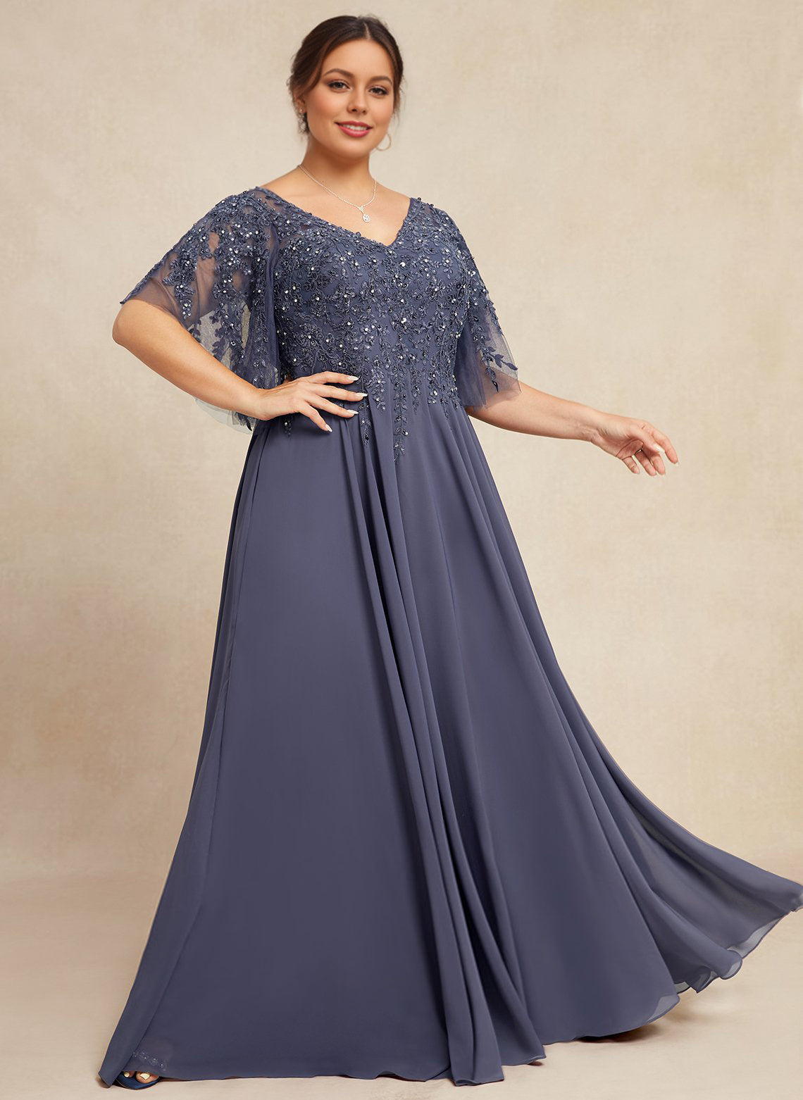 A-line V-Neck Floor-Length Chiffon Lace Mother of the Bride Dress With Sequins Beading