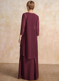Sheath/Column V-Neck Floor-Length Chiffon Mother of the Bride Dress With Cascading Ruffles Beading