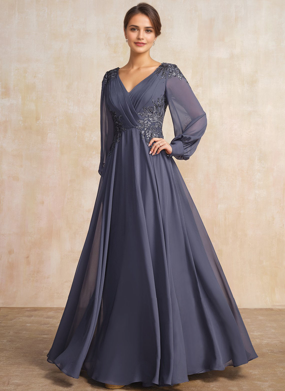 A-line V-Neck Floor-Length Chiffon Mother of the Bride Dress With Sequins Appliques Lace Pleated