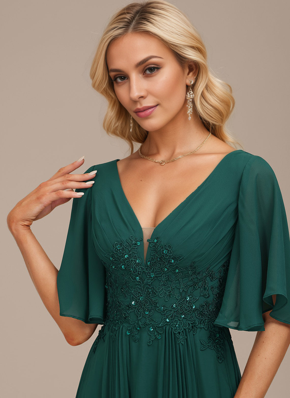 A-line V-Neck Floor-Length Chiffon Mother of the Bride Dress With Sequins Appliques Lace Pleated