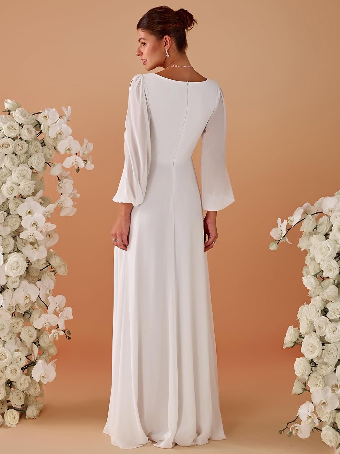 Women's V Neck Long Sleeves Floor Length Ruched Chiffon Formal Dress