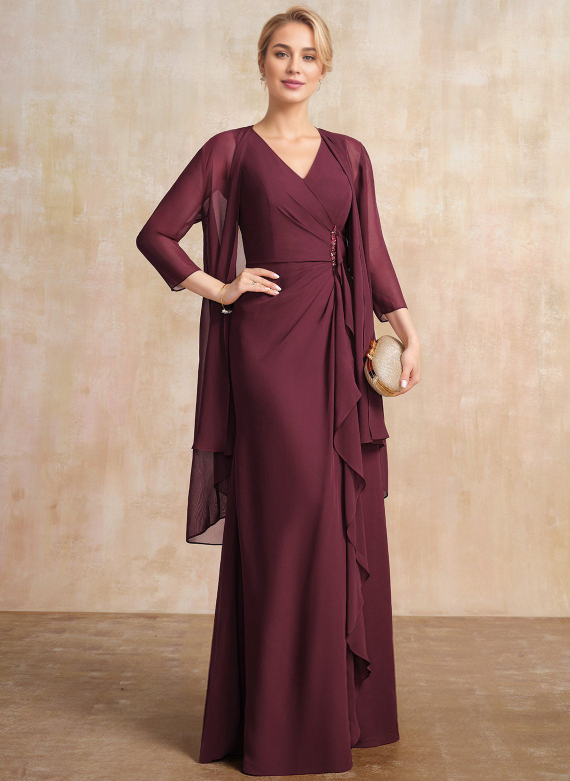 Sheath/Column V-Neck Floor-Length Chiffon Mother of the Bride Dress With Cascading Ruffles Beading