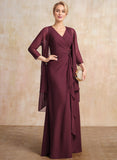 Sheath/Column V-Neck Floor-Length Chiffon Mother of the Bride Dress With Cascading Ruffles Beading