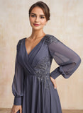 A-line V-Neck Floor-Length Chiffon Mother of the Bride Dress With Sequins Appliques Lace Pleated