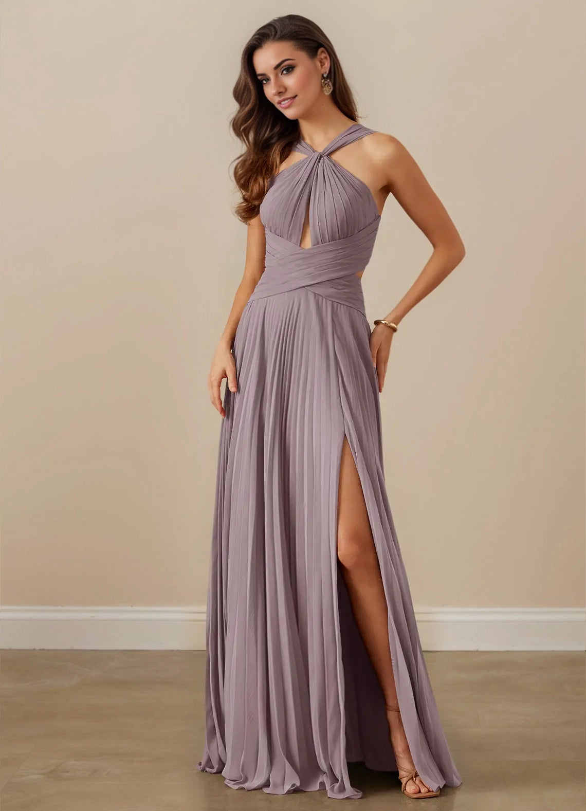 Pleated Halter Chiffon A-Line Bridesmaid Dress