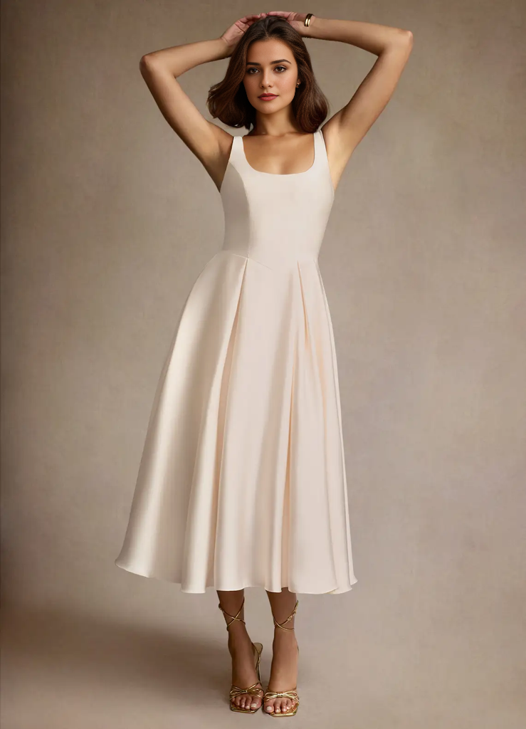 Stretch Satin Square Neck Pleated Midi Dress