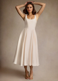 Stretch Satin Square Neck Pleated Midi Dress