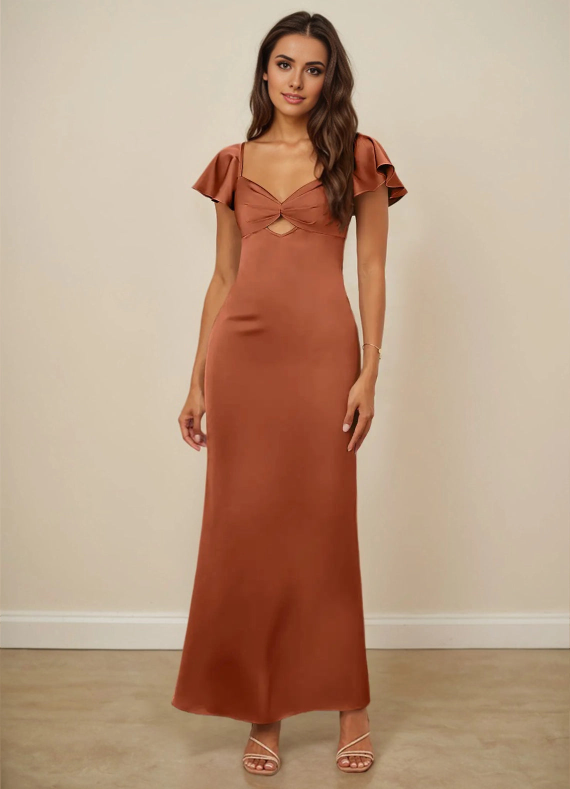 Flutter Sleeve Stretch Satin Sheath Bridesmaid Dress