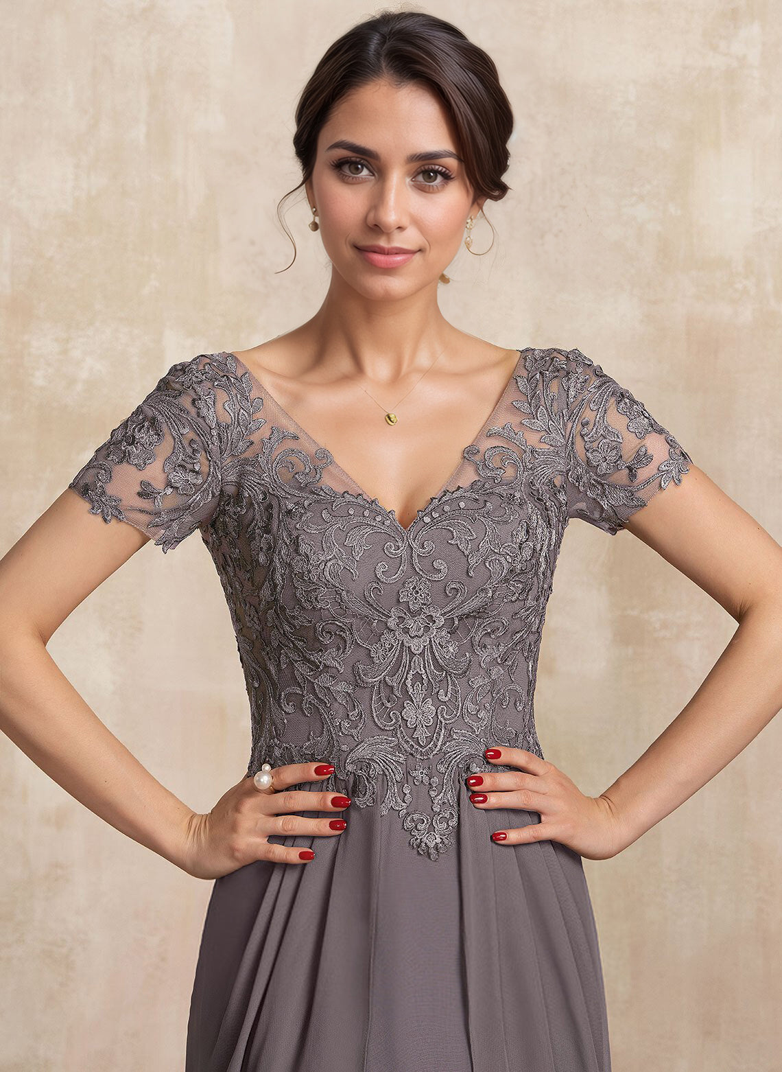 A-line V-Neck Floor-Length Chiffon Lace Mother of the Bride Dress