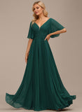 A-line V-Neck Floor-Length Chiffon Mother of the Bride Dress With Sequins Appliques Lace Pleated