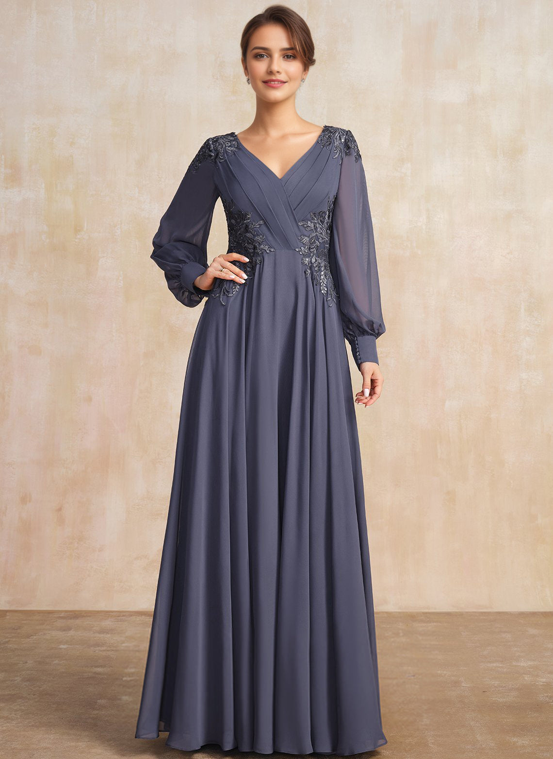A-line V-Neck Floor-Length Chiffon Mother of the Bride Dress With Sequins Appliques Lace Pleated
