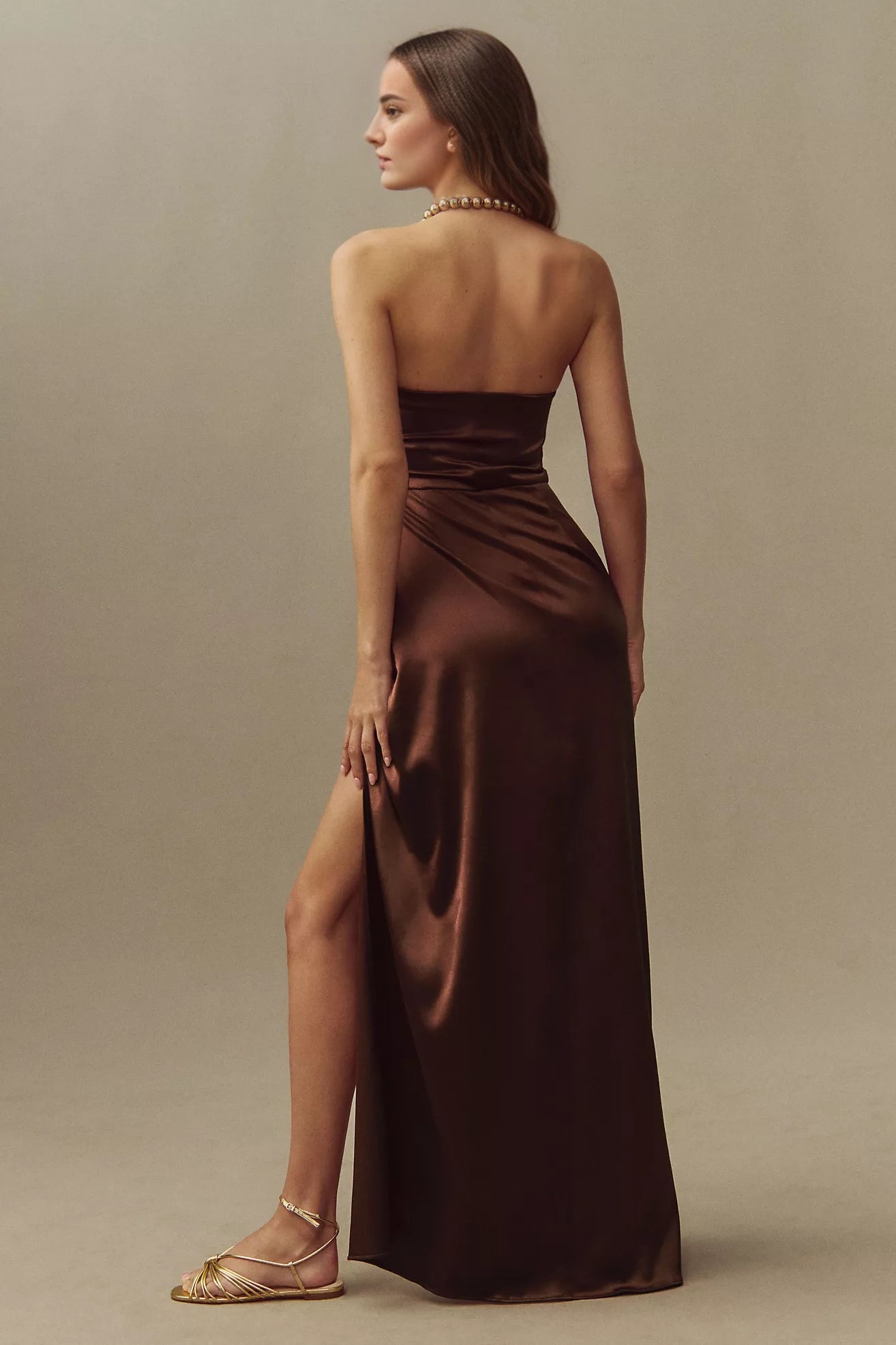 Strapless Side-Slit Stretch Satin Maxi Dress
