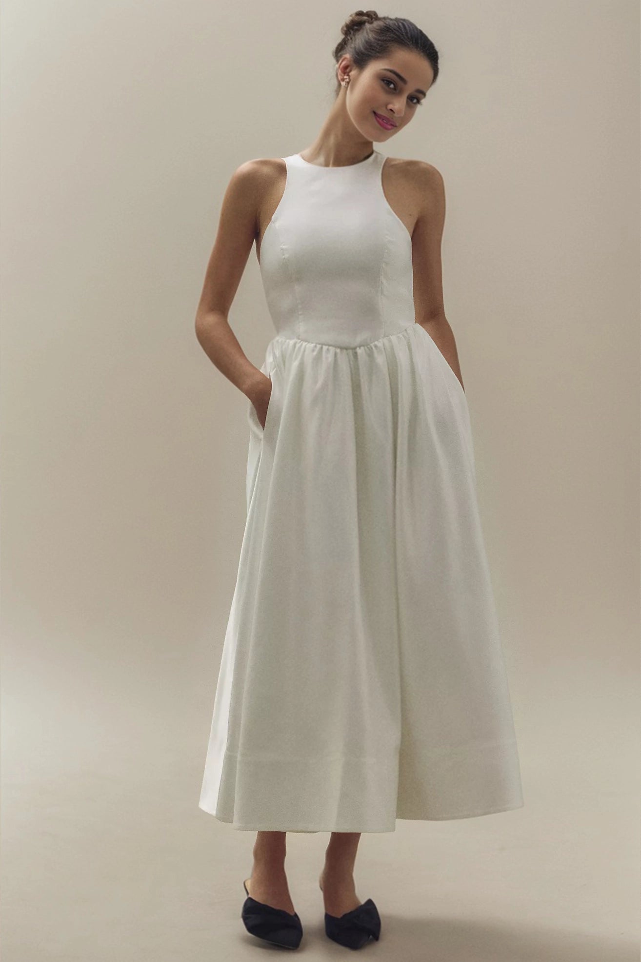 High Neck Satin Duchess A-Line Midi Dress