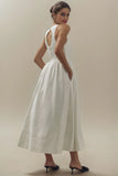 High Neck Satin Duchess A-Line Midi Dress
