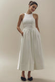 High Neck Satin Duchess A-Line Midi Dress