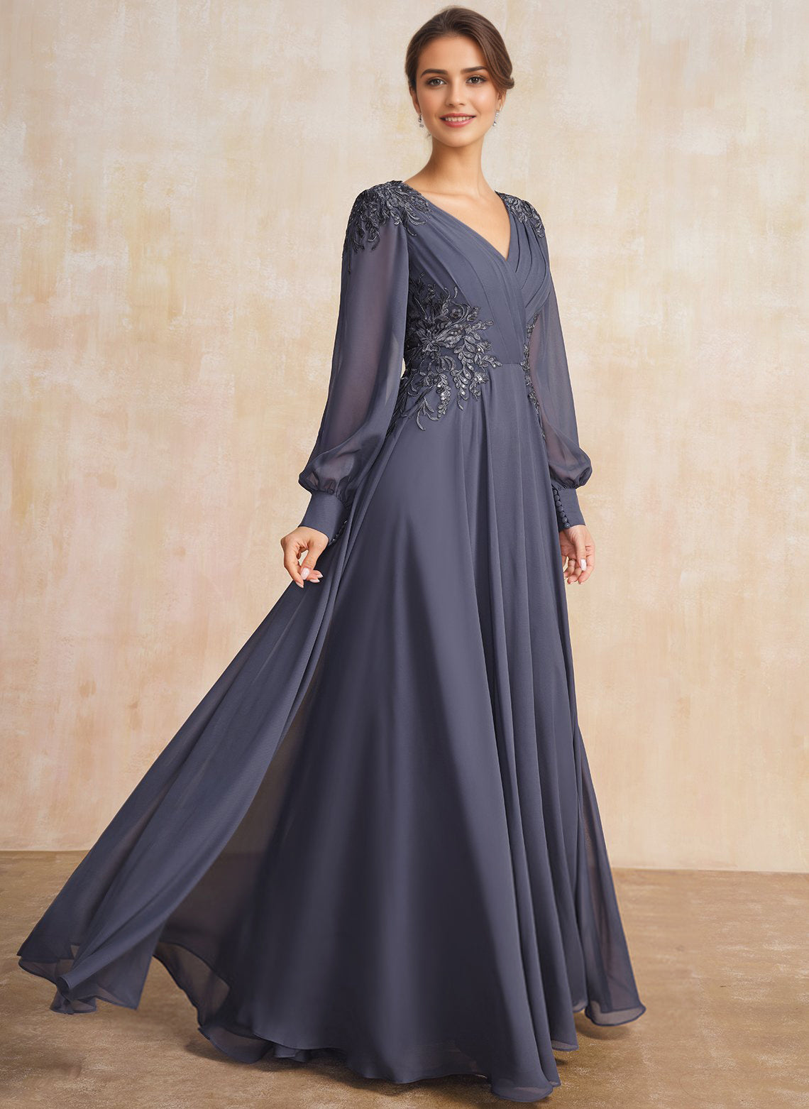 A-line V-Neck Floor-Length Chiffon Mother of the Bride Dress With Sequins Appliques Lace Pleated