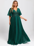 A-line V-Neck Floor-Length Chiffon Mother of the Bride Dress With Sequins Appliques Lace Pleated