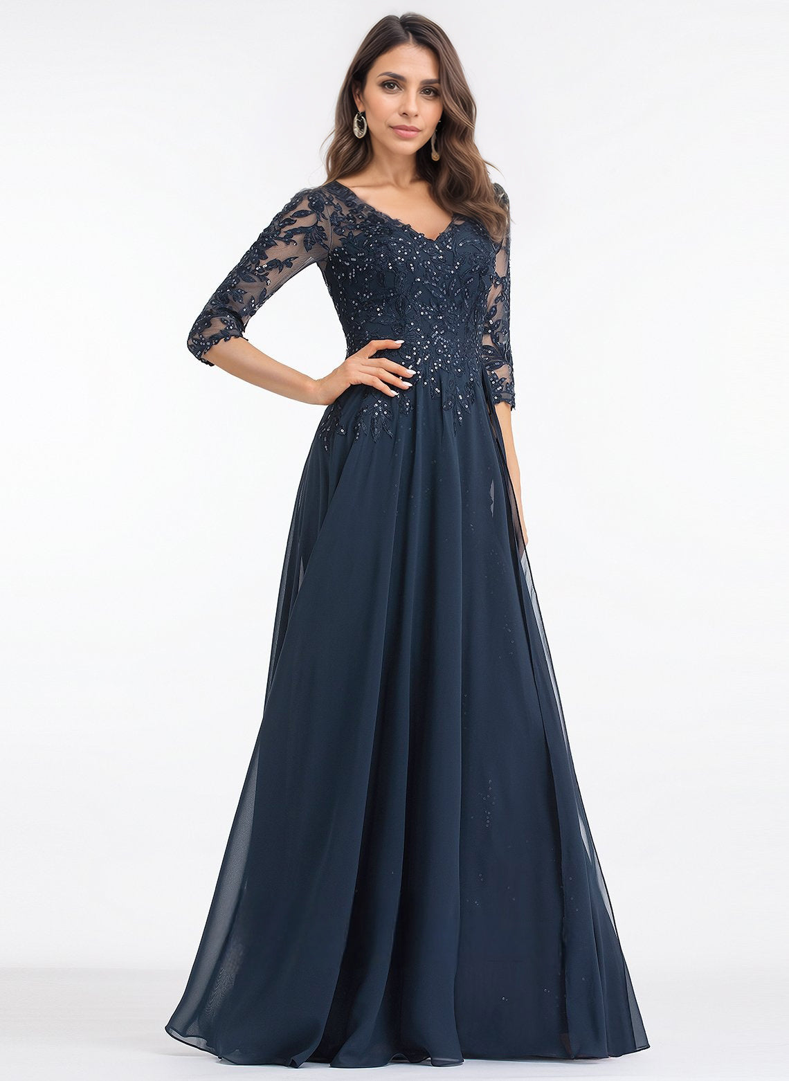 A-line V-Neck Floor-Length Lace Chiffon Mother of the Bride Dress With Sequins