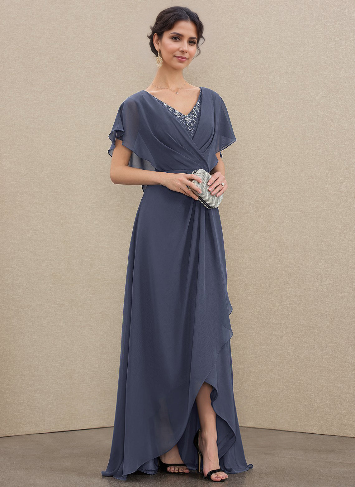 A-line V-Neck Asymmetrical Chiffon Mother of the Bride Dress With Sequins Ruffles