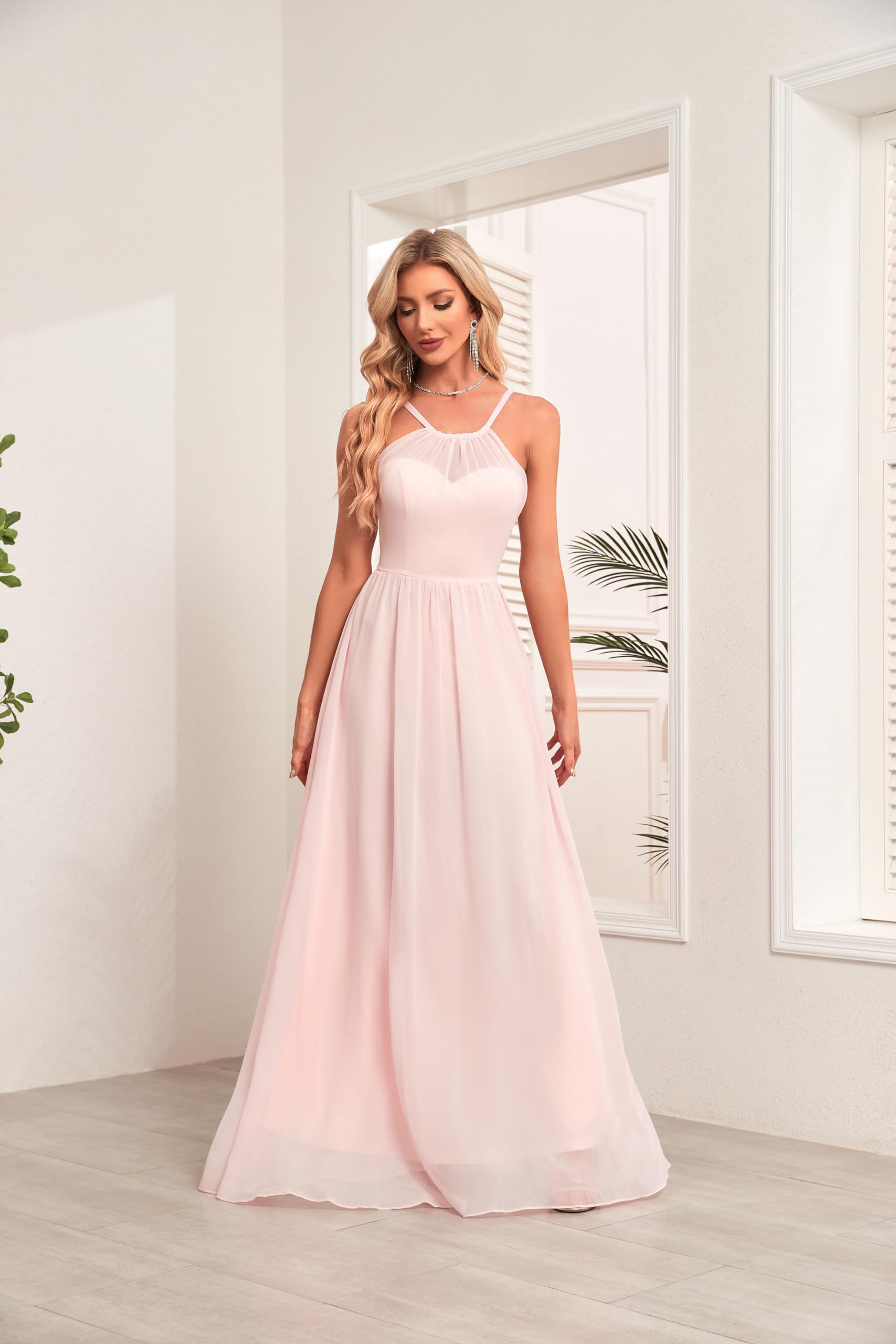 A-line Floor-Length Chiffon Halter Bridesmaid Dresses for Wedding