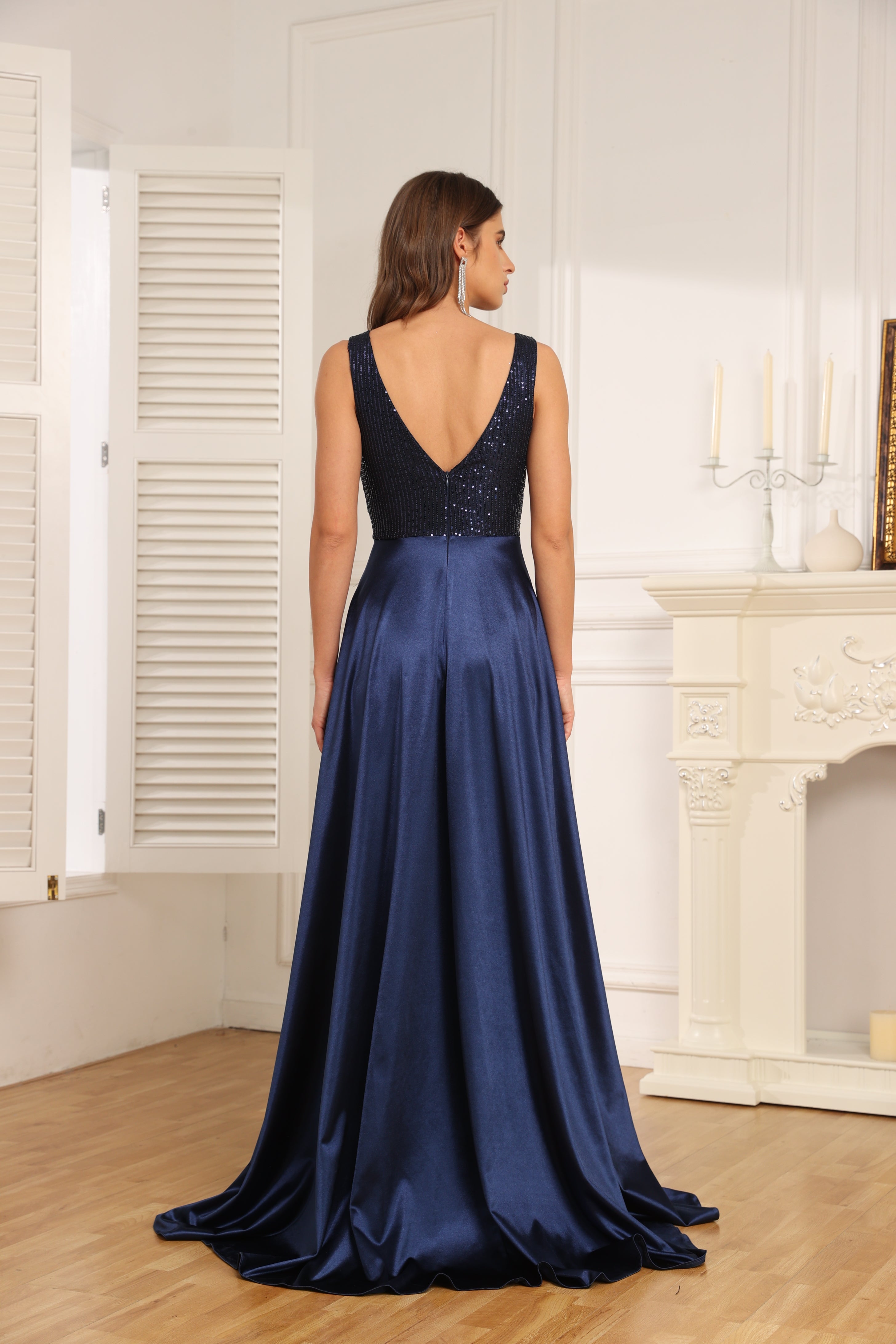 A-Line V-Neck Floor-Length Lace Satin Evening Dress With Sequins