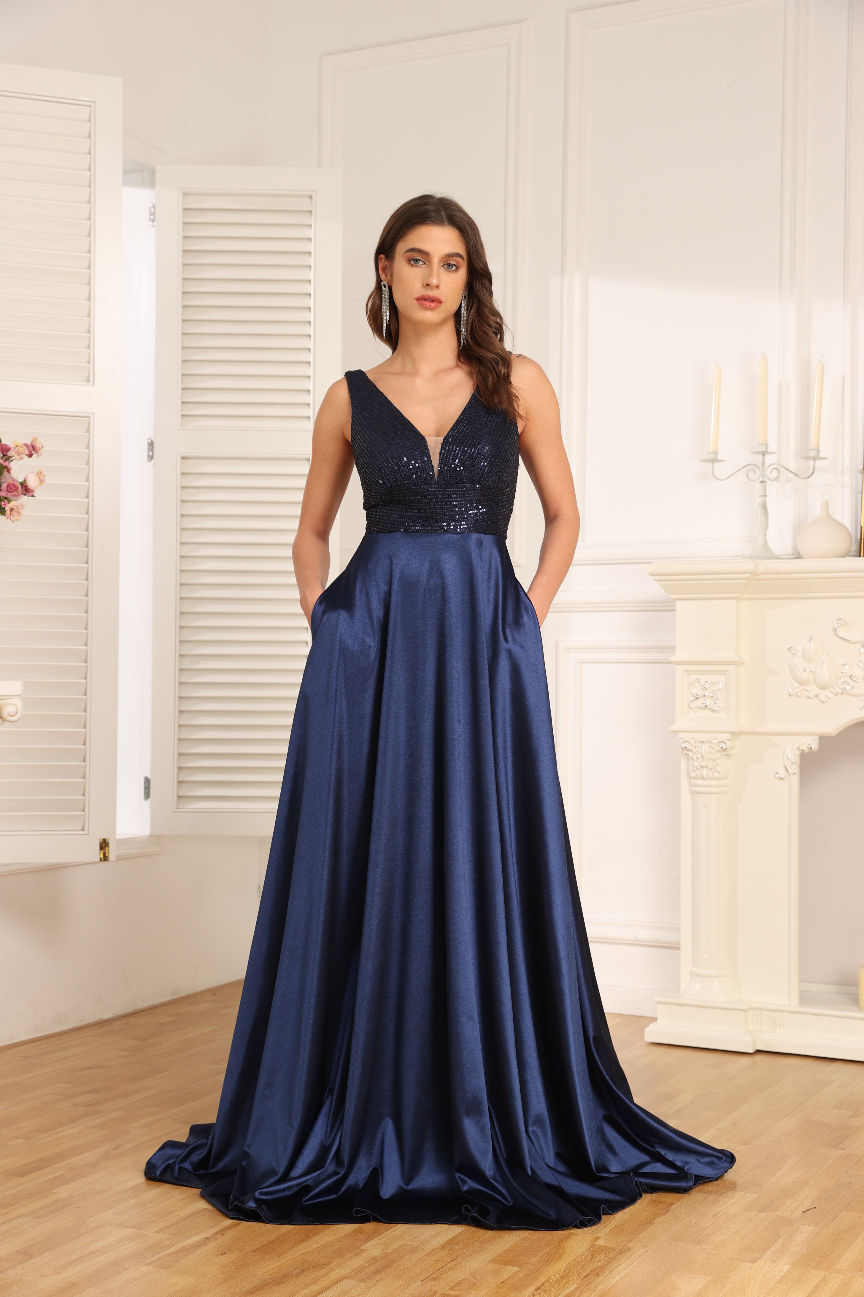 A-Line V-Neck Floor-Length Lace Satin Evening Dress With Sequins